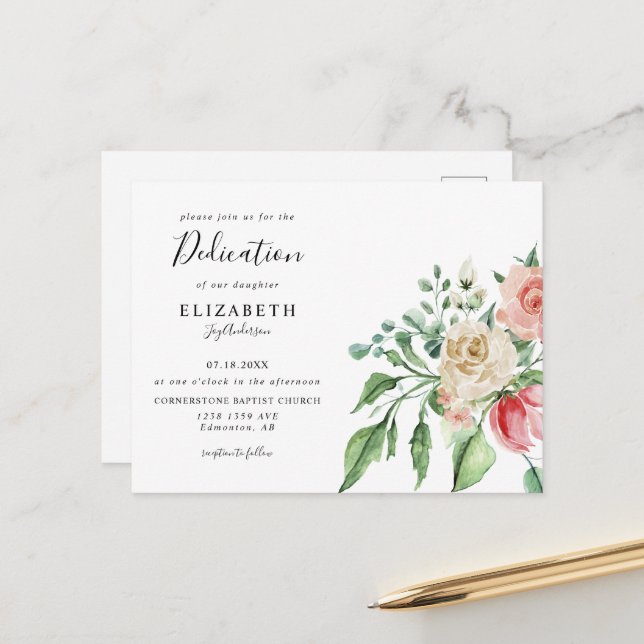 Boho Elegant Pink Rose Watercolor Baby Dedication  Postcard (Front/Back In Situ)