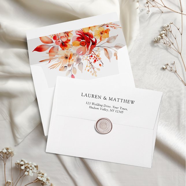 Boho Elegant Rust Orange Fall Floral Wedding Envelope (Elegant boho fall wedding floral envelope with vibrant sunset hues of rust orange, peaches and taupe)
