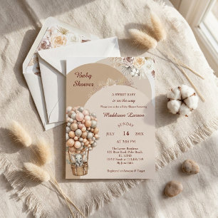 Boho Elephant Air Balloon Neutral Pampas Grass Invitation