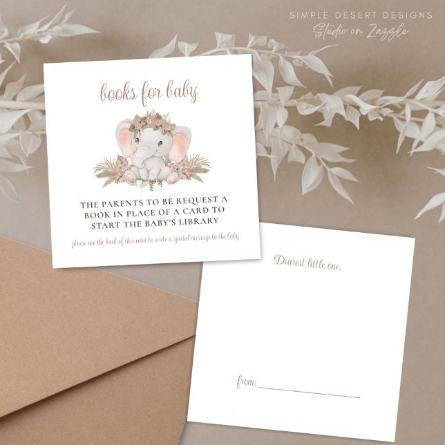 Boho Elephant Baby Shower Book Request Enclosure Card (Boho Baby Shower Book Request Enclosure Cards with Unique Design with Book Label Gift Tag on Back)