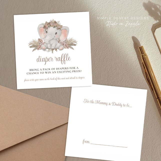 Boho Elephant Baby Shower Diaper Raffle Enclosure Card (Cute Elephant Baby Shower Diaper Raffle Enclosure Cards with Boho Floral for Gender Neutral Shower)