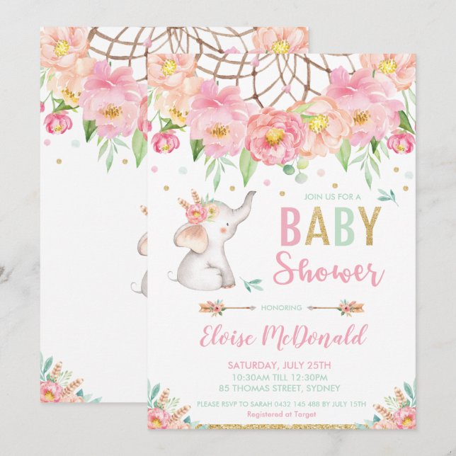 Boho Elephant Baby Shower Girl Pink Mint Floral Invitation (Front/Back)