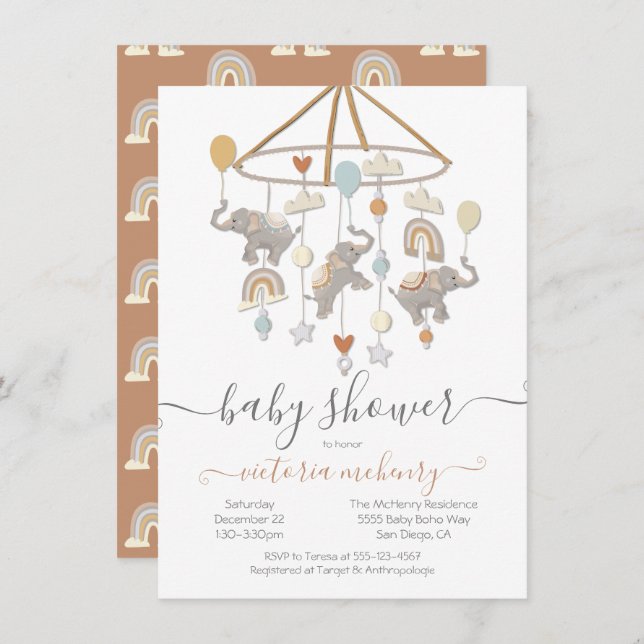 Boho Elephant Balloons Mobile Baby Shower Invitation (Front/Back)