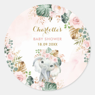 Boho Elephant Blush Pink Floral Jungle Baby Girl Classic Round Sticker