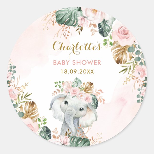 Boho Elephant Blush Pink Floral Jungle Baby Girl Classic Round Sticker (Front)
