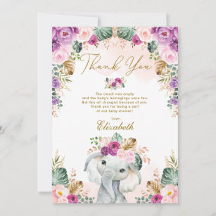 Boho Elephant Blush Pink Purple Floral Baby Shower Thank You Card