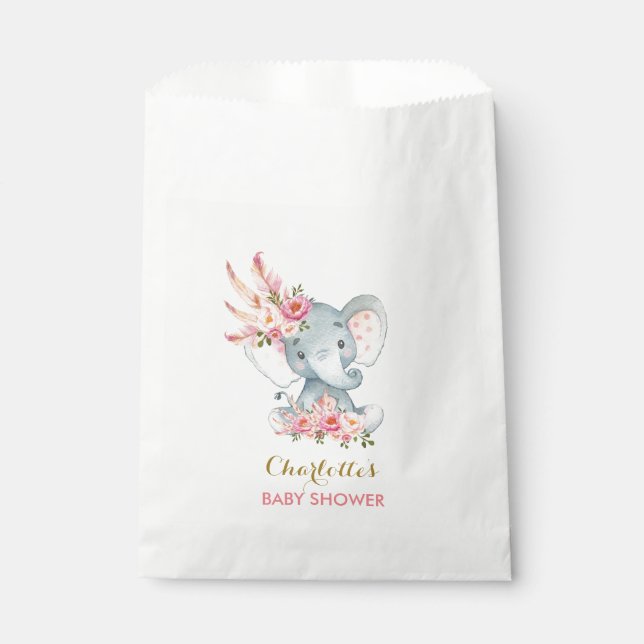 Boho Elephant Bohemian Pink Floral Baby Shower Favour Bag (Front)