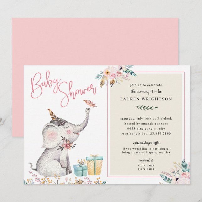Boho Elephant Girl Baby Shower Invitation (Front/Back)