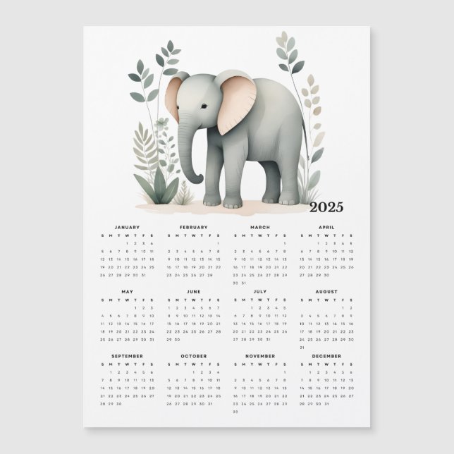 Boho Elephant Minimalistic 2025 Magnetic Calendar (Front)