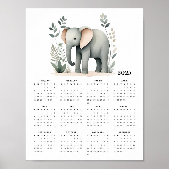 Boho Elephant Minimalistic 2025 Wall Calendar Poster (Front)