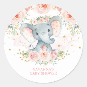 Boho Elephant Pink Floral Baby Girl Classic Round Sticker