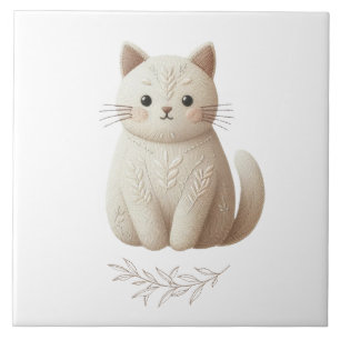 Boho Embroidered Beige Kitty with Leaf Detail Tile