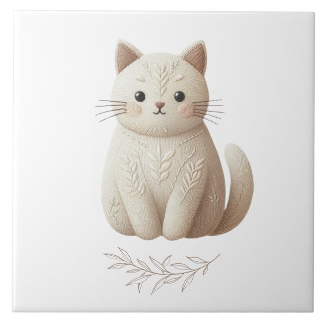 Boho Embroidered Beige Kitty with Leaf Detail Tile (Front)