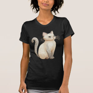 Boho Embroidered Cat Beige Kitty on Black Graphic T-Shirt