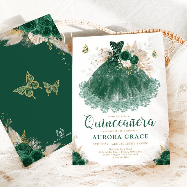 Boho Emerald Floral Quinceañera Princess Dress Invitation (Creator Uploaded)