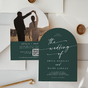 Boho Emerald Green Photo QR Code Arch Wedding Invitation