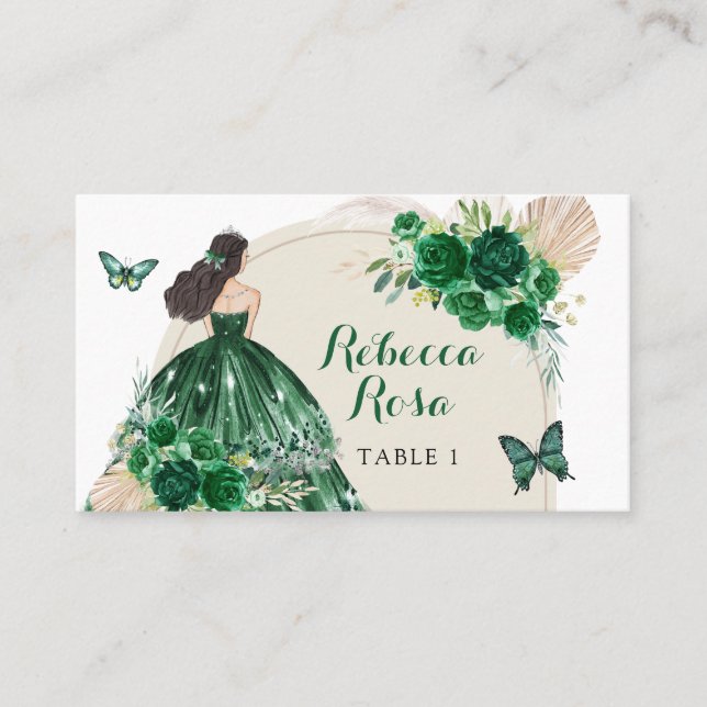 Boho Emerald Green Princess Quinceañera Place Card (Front)