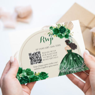 Boho Emerald Green Princess Quinceañera QR RSVP Card