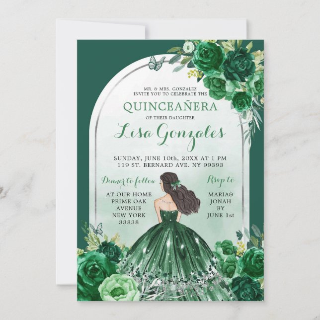 Boho Emerald Green Quinceanera Invitation (Front)
