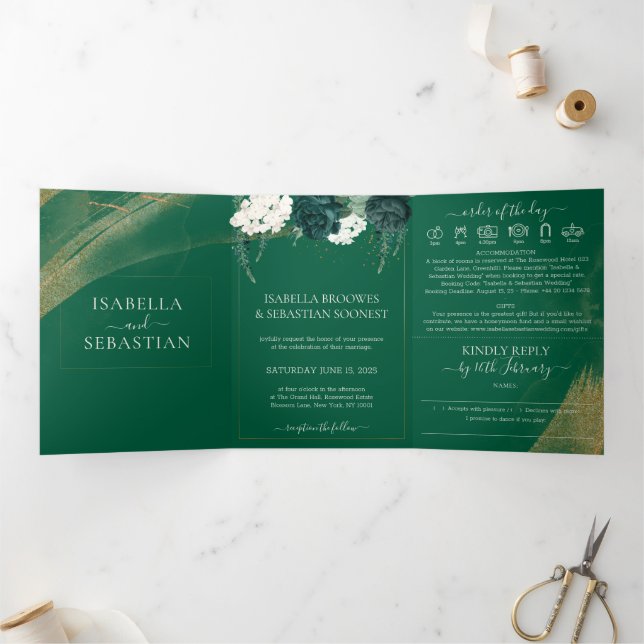 Boho Emerald Rose Complete Wedding Tri-Fold Invita (Inside)