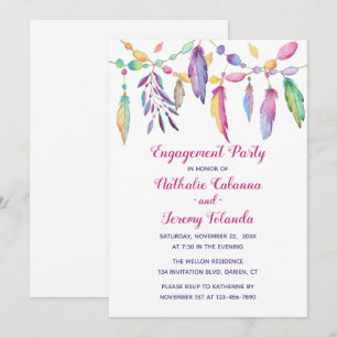 Boho Engagement Party Feathers Native American Invitation
