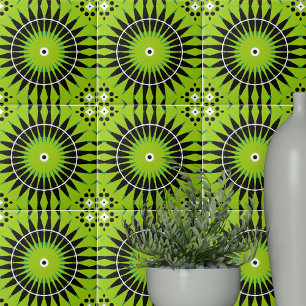 Boho Ethnic Lime Green Black Geometric Pattern Tile