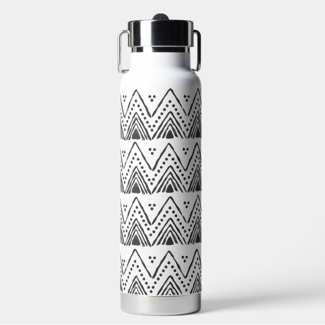 Boho Ethnic Water Bottle - Black & White (Front)