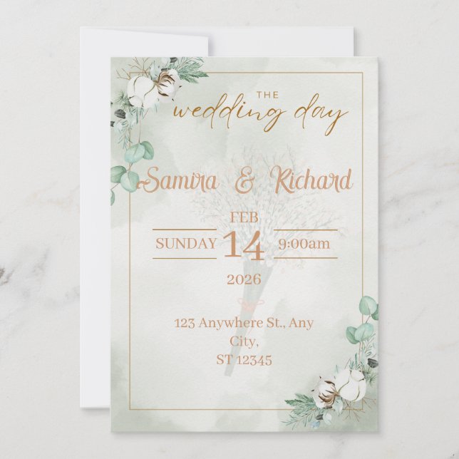 Boho Eucalyptus & Cotton Wedding Invitation (Devant)