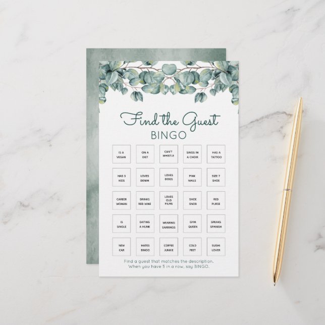 Boho Eucalyptus Feuille Baby shower Bingo Jeu (Devant/Arrière en situation)