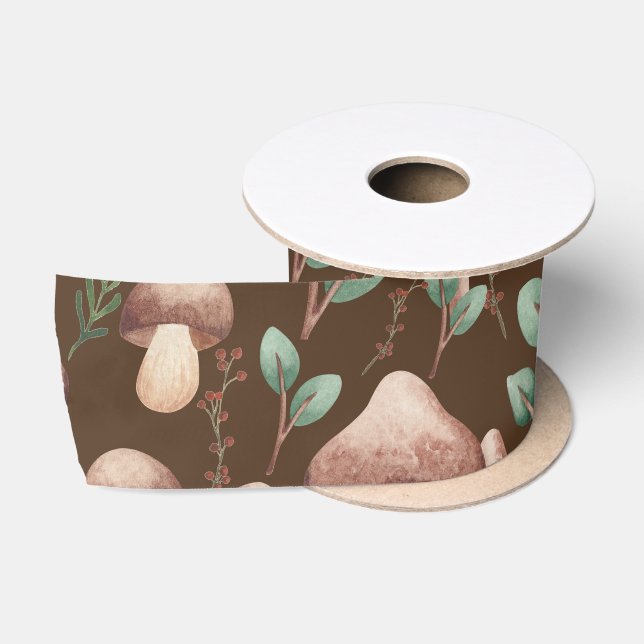 Boho Eucalyptus Forest Mushrooms Dark Brown Satin Ribbon (Spool)