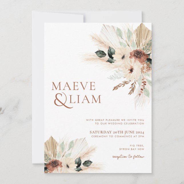 Boho Eucalyptus Green Flowers Pampas Wedding  Invitation (Front)