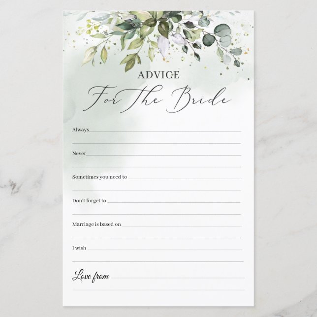Boho Eucalyptus greenery Advice For The Bride game (Front)