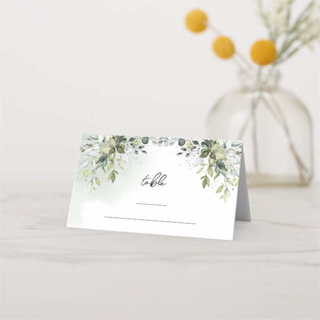 Boho Eucalyptus greenery branches gold place card (Front)