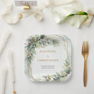 Boho Eucalyptus greenery branches gold wedding Paper Plate