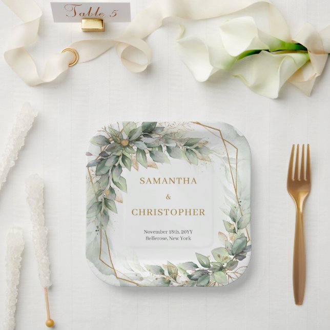 Boho Eucalyptus greenery branches gold wedding Paper Plate (Wedding)