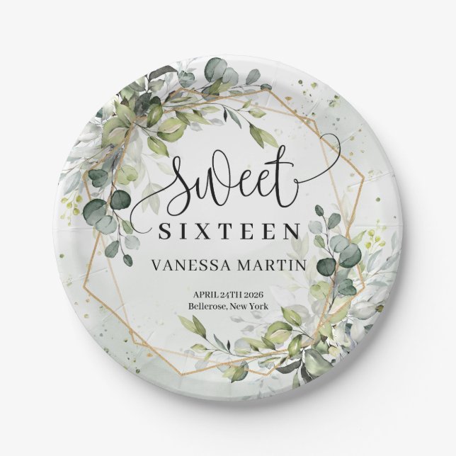 Boho Eucalyptus greenery branches sweet sixteen Paper Plate (Front)
