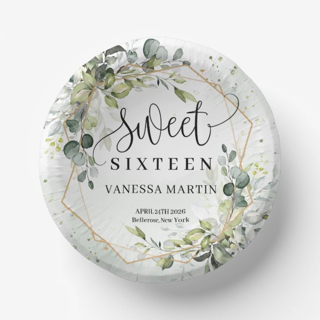 Boho Eucalyptus greenery branches sweet sixteen Paper Plate (Front)