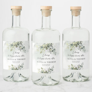 Boho eucalyptus greenery foliage gold sparkles liquor bottle label