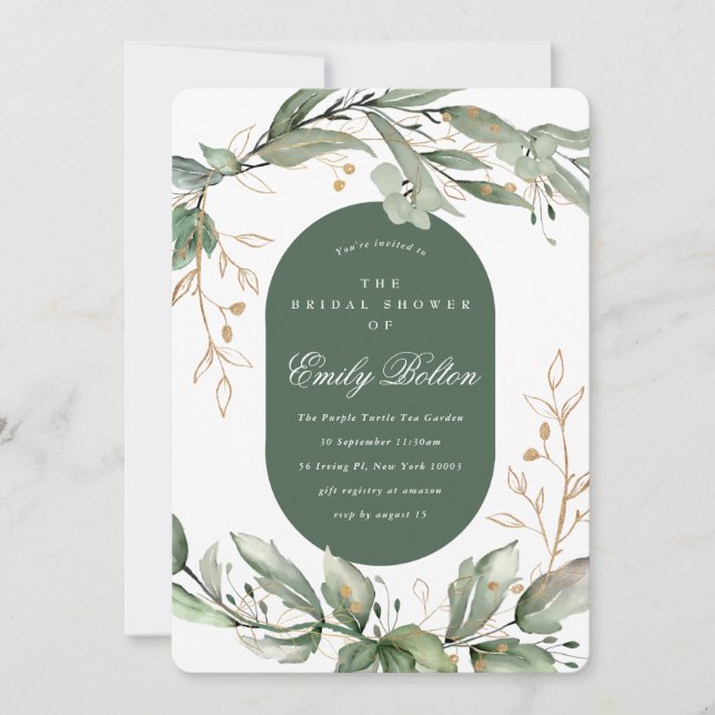 Boho Eucalyptus Greenery Pampas Wreath Gold Invitation (Front)