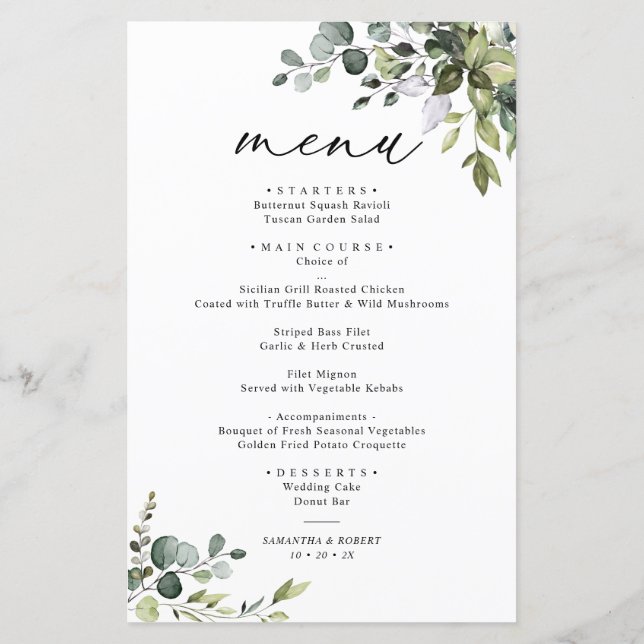 Boho Eucalyptus Greenery Simple Wedding Menu (Back)