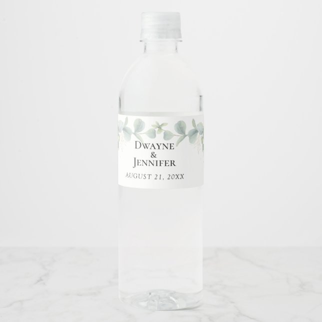 Boho Eucalyptus Greenery Summer Wedding Water Bottle Label (Front)