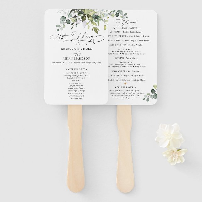 Boho Eucalyptus Greenery Wedding Ceremony Program Hand Fan (Front and Back)