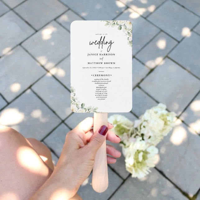 Boho Eucalyptus Greenery Wedding Ceremony Program  Hand Fan (Boho eucalyptus greenery program fan keeps guests cool while adding personalized natural charm)