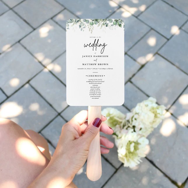 Boho Eucalyptus Greenery Wedding Ceremony Program  Hand Fan (Boho eucalyptus greenery program fan keeps guests cool while adding a fresh natural wedding vibe)