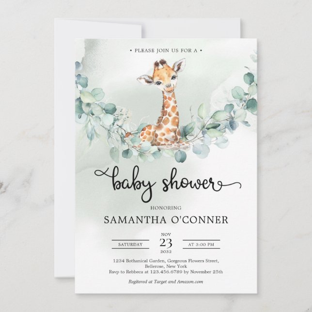 Boho eucalyptus greenery wreath baby giraffe  invitation (Front)