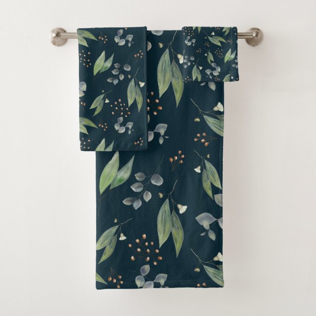 Boho eucalyptus leaf green foliage gum flower bath towel set (Insitu)