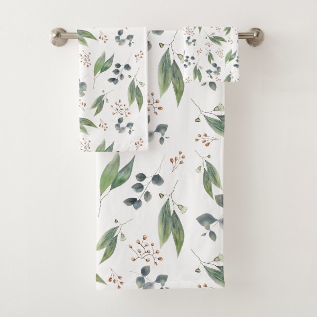 Boho eucalyptus leaf green foliage gum flower bath towel set (Insitu)