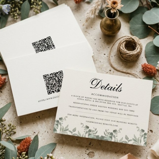 Boho Eucalyptus Leaves w QR code Wedding Details Card (Creator Uploaded)
