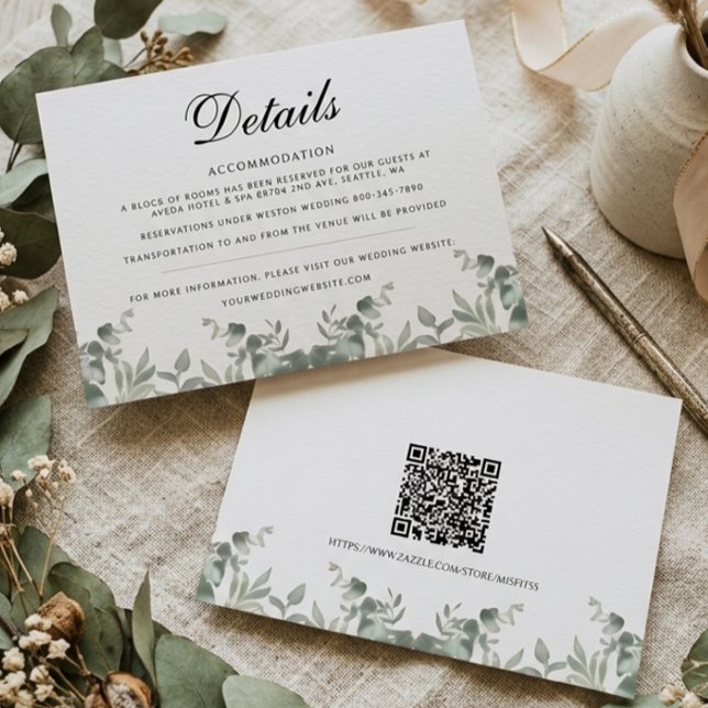 Boho Eucalyptus Leaves w QR code Wedding Details Card (Creator Uploaded)