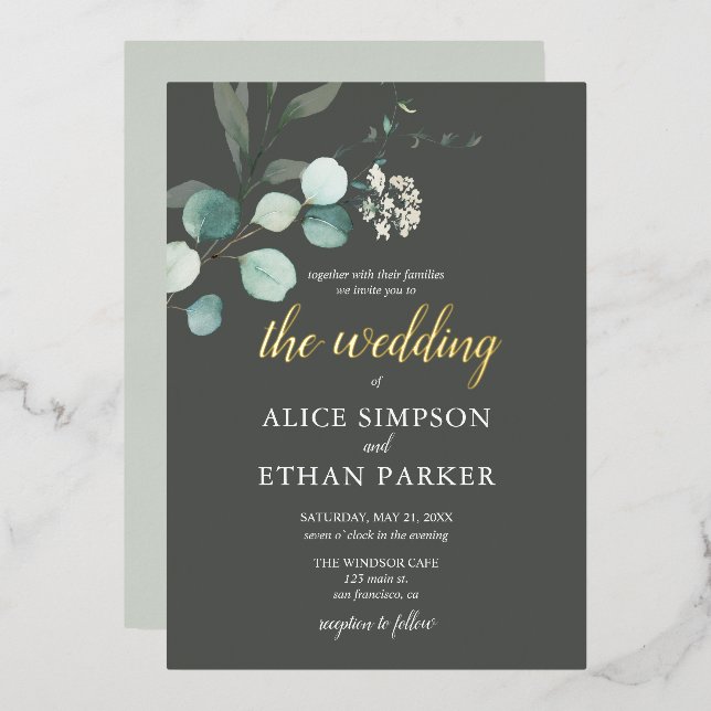 Boho Eucalyptus Leaves Wedding Foil Invitation (Front/Back)